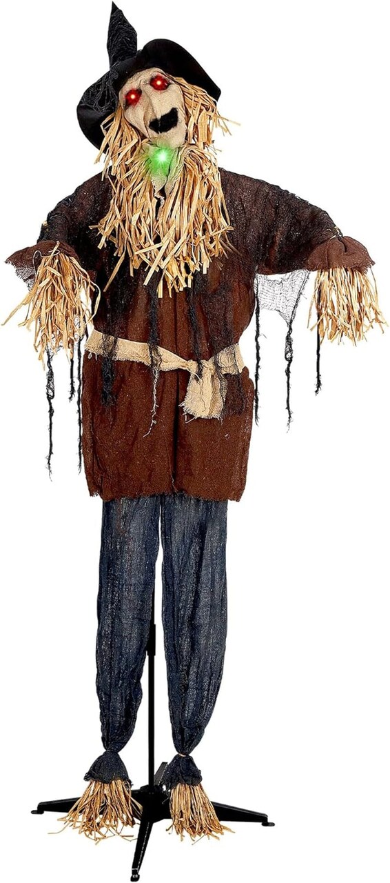 6FT Halloween Animated Scarecrow Props, Live-Sized Voice Activated Ghost with Turning Heads, Swing Arms, Red Lighted Eyes & Scary Sound for Haunted House Spooky Party Decorations